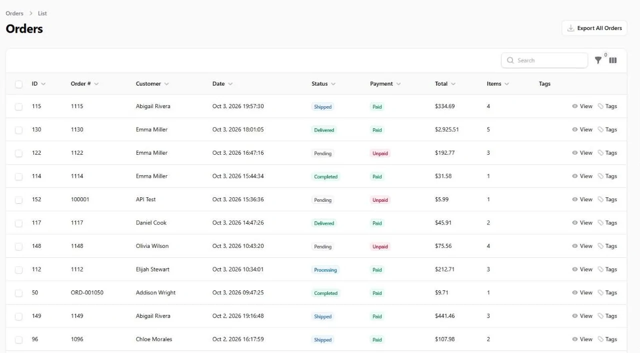 The orders list with order numbers, customers, dates, status and payment badges