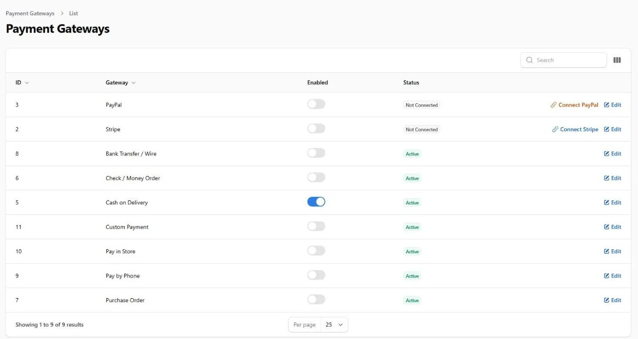 The payment gateways screen listing card processors and offline payment methods with enable switches