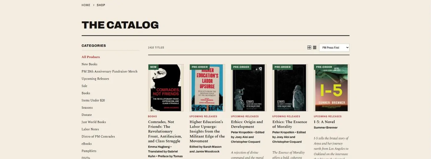 A category page listing 1,410 titles with filters down the left and a product grid